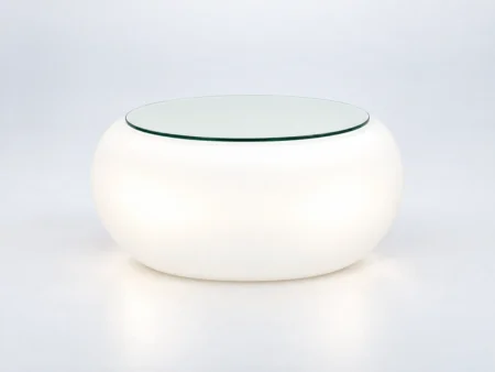 Warm-white LED round coffee table with glass top for event furniture rental in Miami