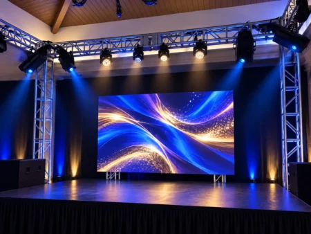 Large LED screen rental on a professional event stage with truss lighting in Miami