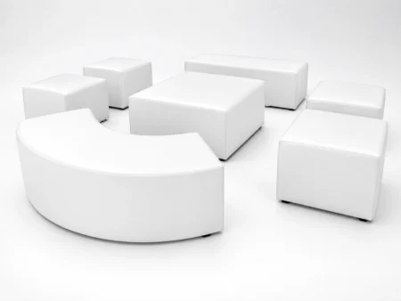 White Lounge Set 11 with four ottomans, one straight bench, one serpentine bench and one coffee table for furniture rental Miami