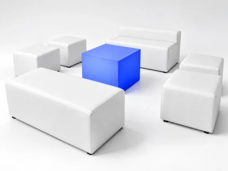 White Lounge Set 2 with one sofa, one bench, four ottomans and one blue glow coffee table for furniture rental Miami