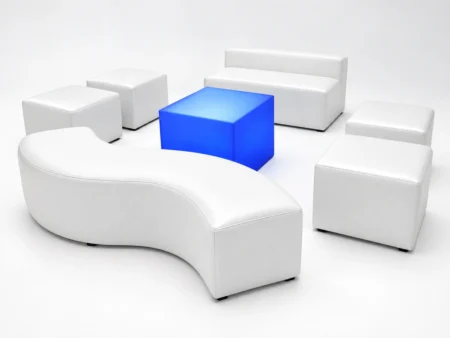 White Lounge Set 3 with one sofa, one serpentine bench, four ottomans and one blue glow coffee table for furniture rental Miami