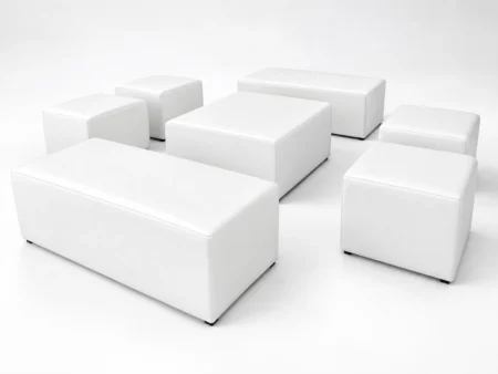 White Lounge Set 5 with two benches, four ottomans and one square coffee table for furniture rental Miami
