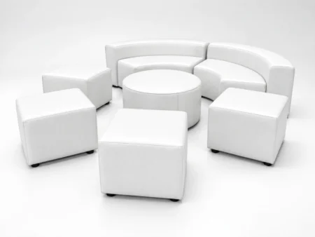 White Lounge Set 6 with two serpentine sofas, four ottomans and one round coffee table for furniture rental Miami