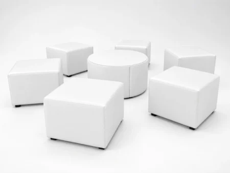 White Lounge Set 7 with six ottomans and one round coffee table for furniture rental Miami