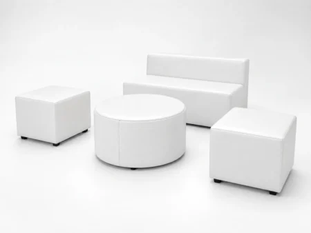 White Lounge Set 8 with one sofa, two side coffee tables and one round coffee table for furniture rental Miami