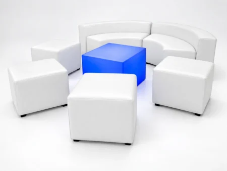 White Lounge Set 9 with two serpentine sofas, four ottomans and one blue glow coffee table for furniture rental Miami