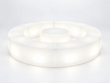 White LED lounge furniture rental Miami with six serpentine benches and round table