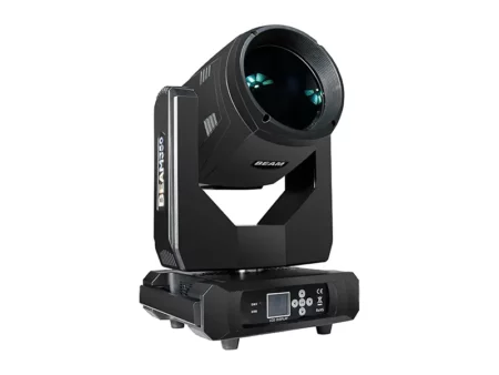Black Moving Head (Beam 350W - Club Lights) fixture featuring a large optical lens and a digital LCD display base for professional stage lighting.