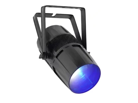 Black Stage Wash Par Lights - IP65 emitting a powerful, rich blue beam, featuring a high-efficiency optical lens and a double mounting bracket for versatile stage rigging.