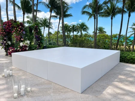 White wrapped stage rental for weddings and events in Miami