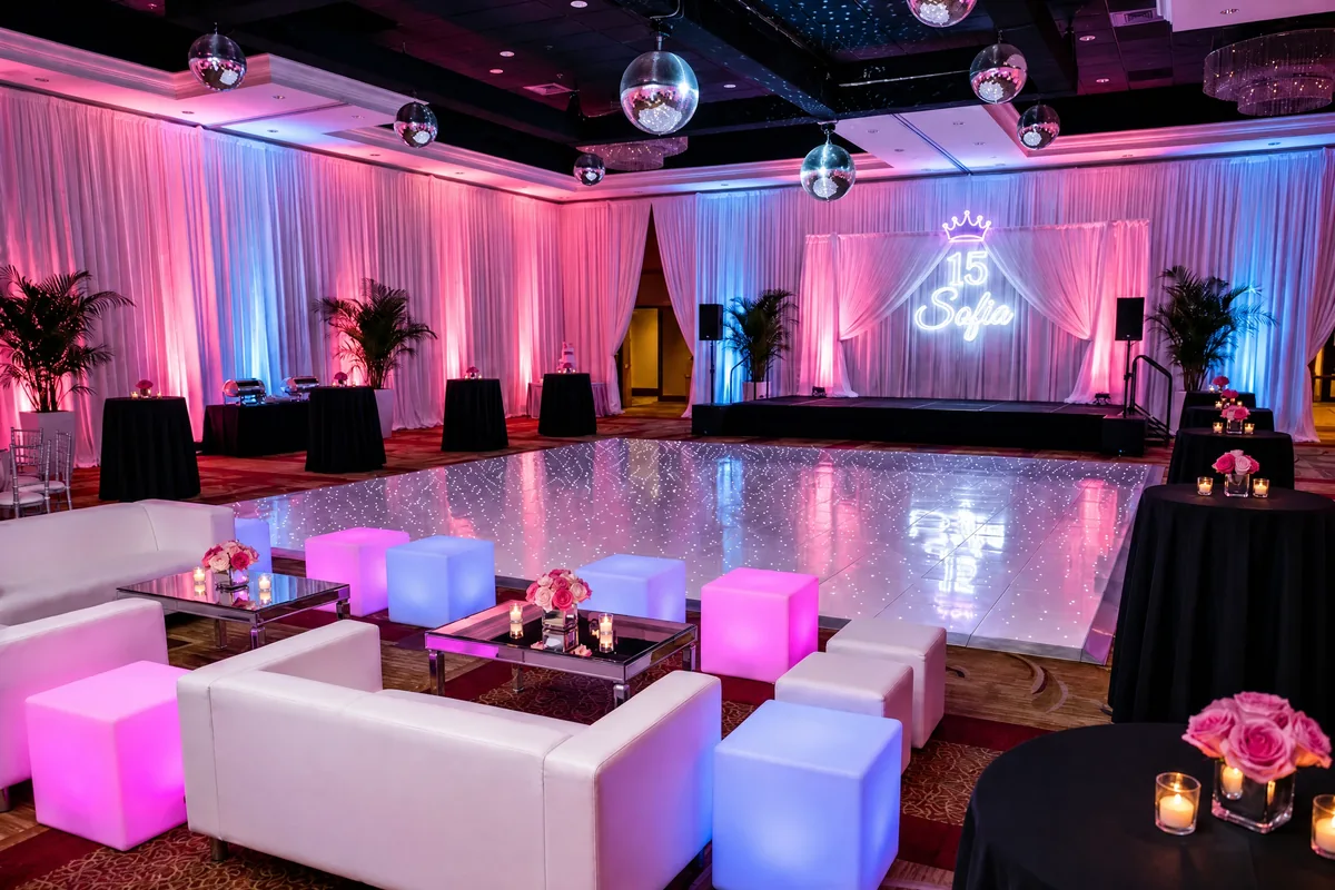 White lounge furniture and lighted cubes beside a dance floor at an event