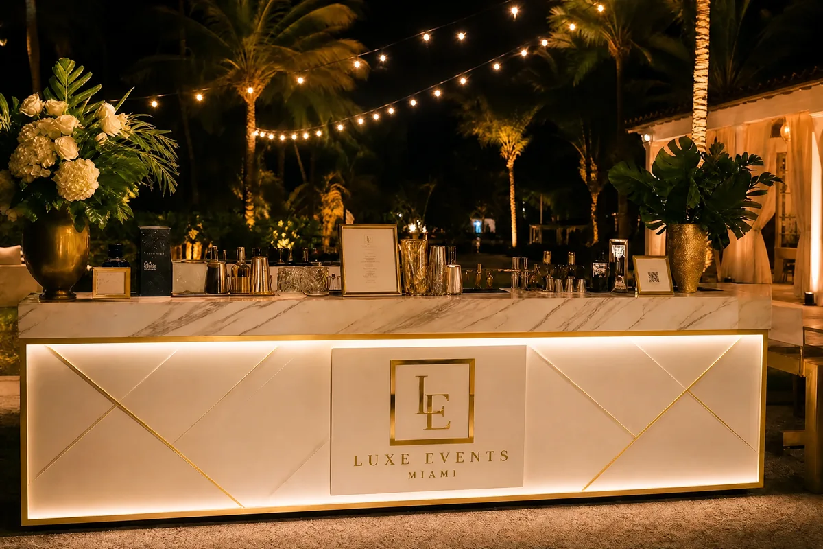 Illuminated white portable bar with flowers and string lights at an outdoor event
